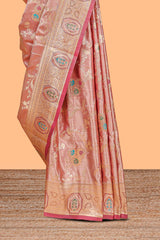 Peach floral zari design banarasi silk saree with self border and matching printed blouse