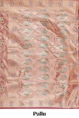 Peach floral zari design banarasi silk saree with self border and matching printed blouse