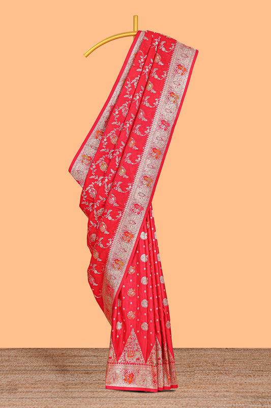 Red floral zari design banarasi silk saree with self border and matching printed blouse