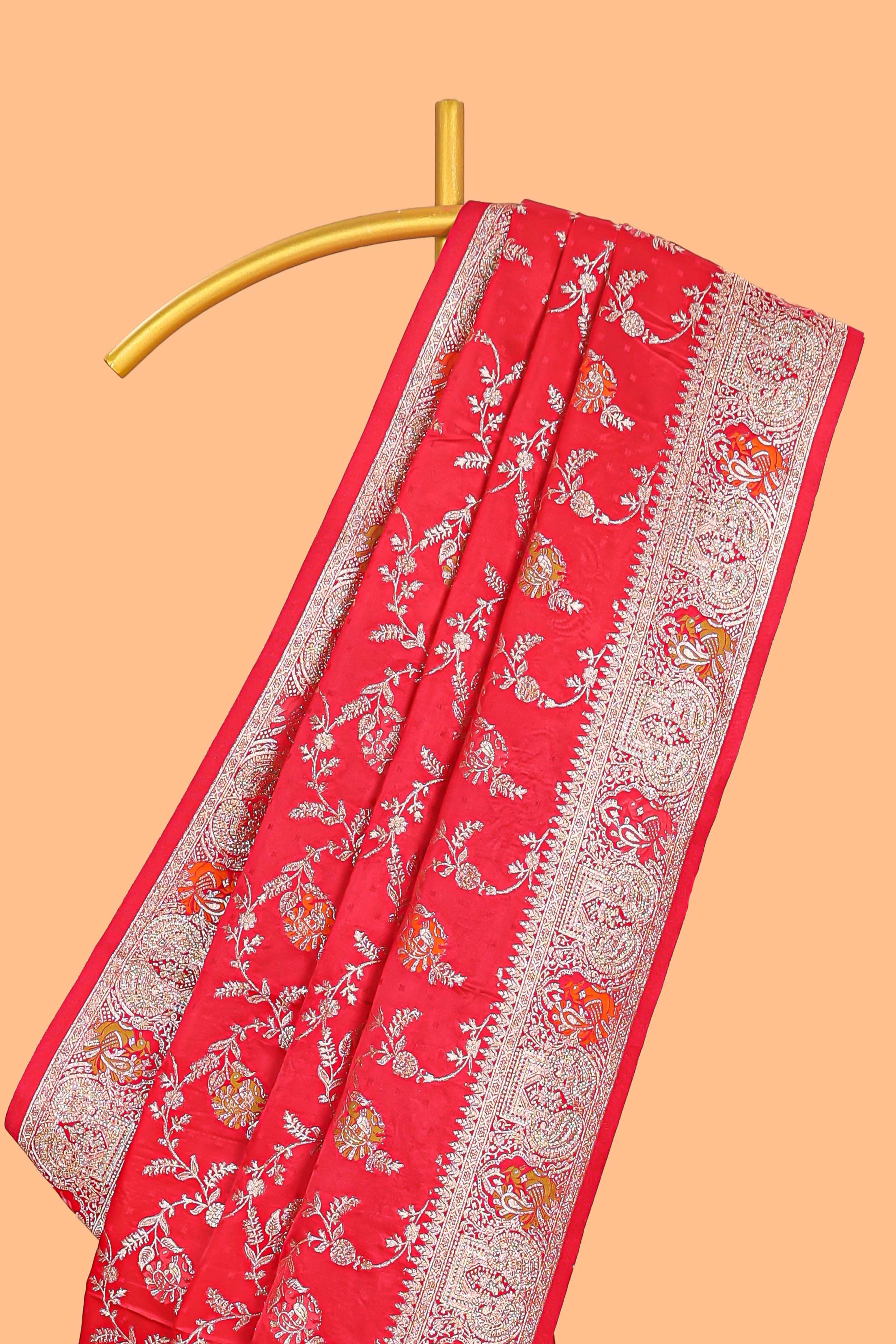 Red floral zari design banarasi silk saree with self border and matching printed blouse