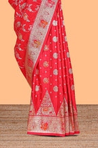 Red floral zari design banarasi silk saree with self border and matching printed blouse