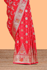 Red floral zari design banarasi silk saree with self border and matching printed blouse