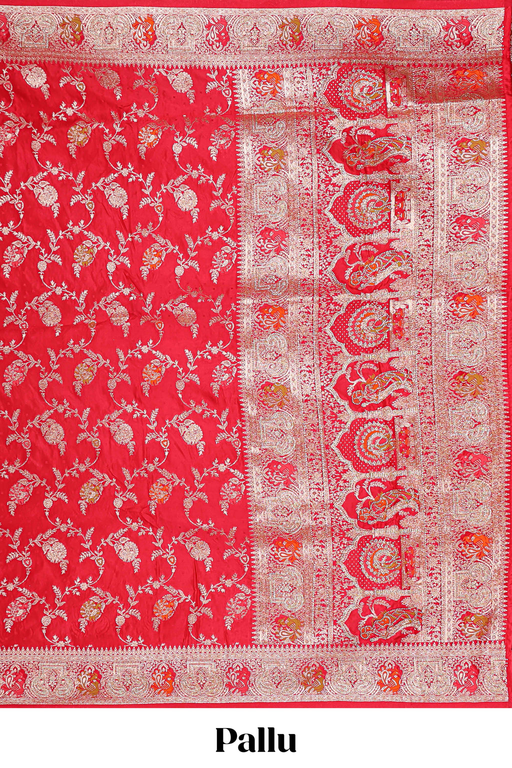 Red floral zari design banarasi silk saree with self border and matching printed blouse