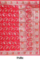 Red floral zari design banarasi silk saree with self border and matching printed blouse