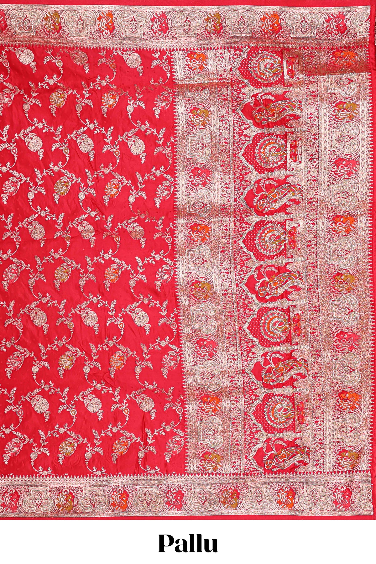 Red floral zari design banarasi silk saree with self border and matching printed blouse