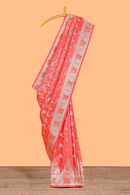 Peach floral zari design banarasi silk saree with self border and matching printed blouse