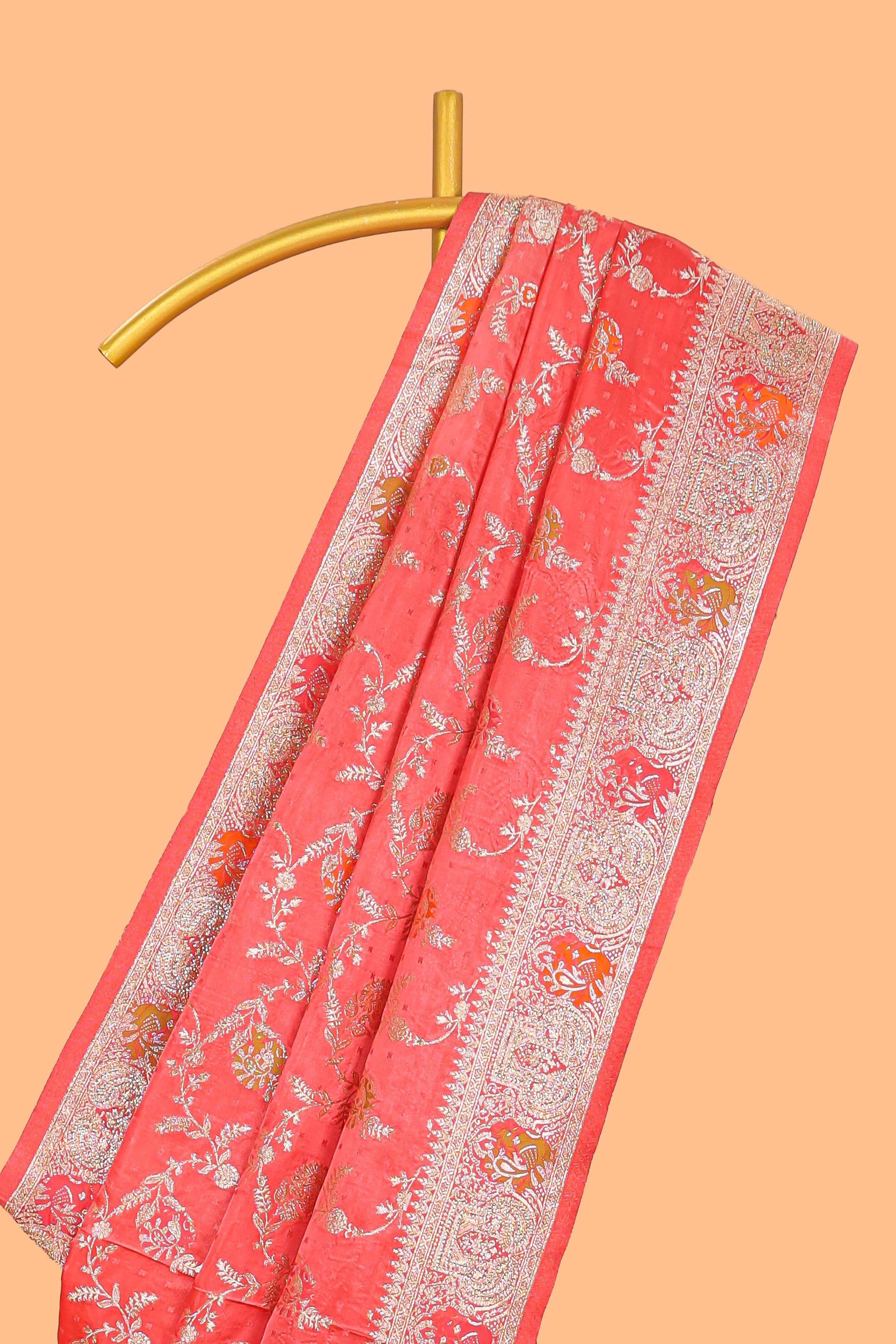 Peach floral zari design banarasi silk saree with self border and matching printed blouse