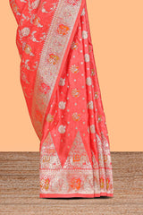 Peach floral zari design banarasi silk saree with self border and matching printed blouse