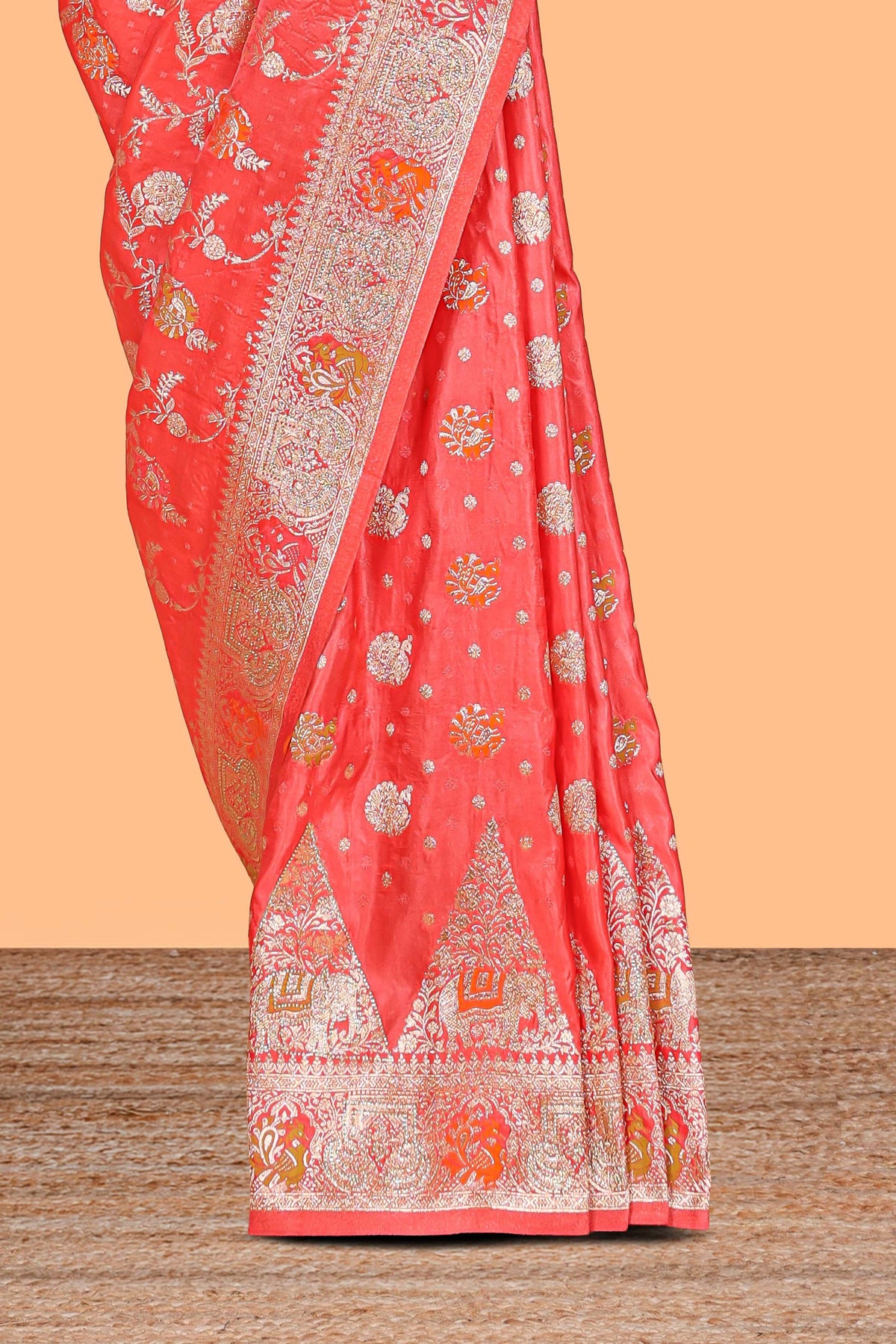 Peach floral zari design banarasi silk saree with self border and matching printed blouse