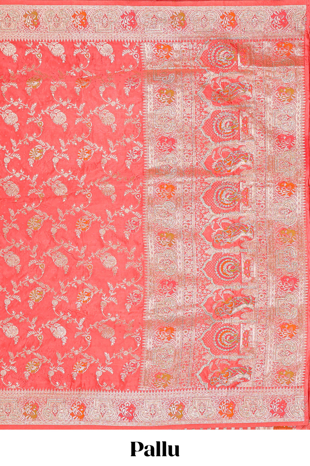 Peach floral zari design banarasi silk saree with self border and matching printed blouse