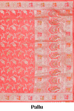 Peach floral zari design banarasi silk saree with self border and matching printed blouse