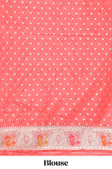 Peach floral zari design banarasi silk saree with self border and matching printed blouse