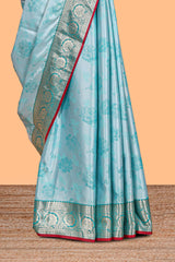 Blue floral zari design banarasi silk saree with self border and matching printed blouse