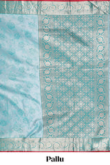 Blue floral zari design banarasi silk saree with self border and matching printed blouse