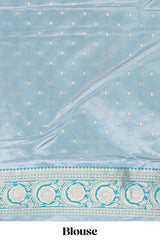 Blue floral zari design banarasi silk saree with self border and matching printed blouse