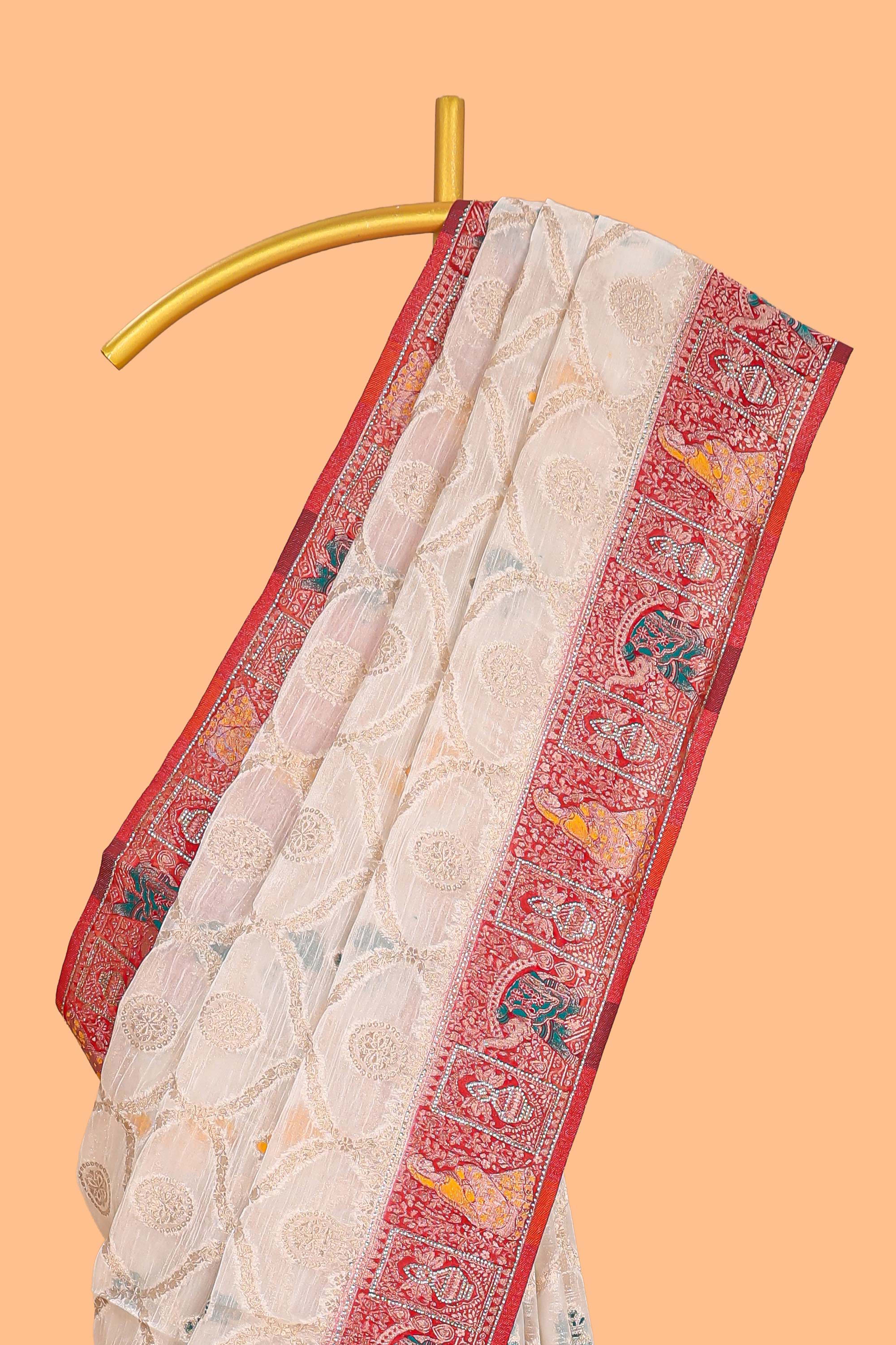 Cream floral design banarasi silk saree with contrast border and floral printed blouse