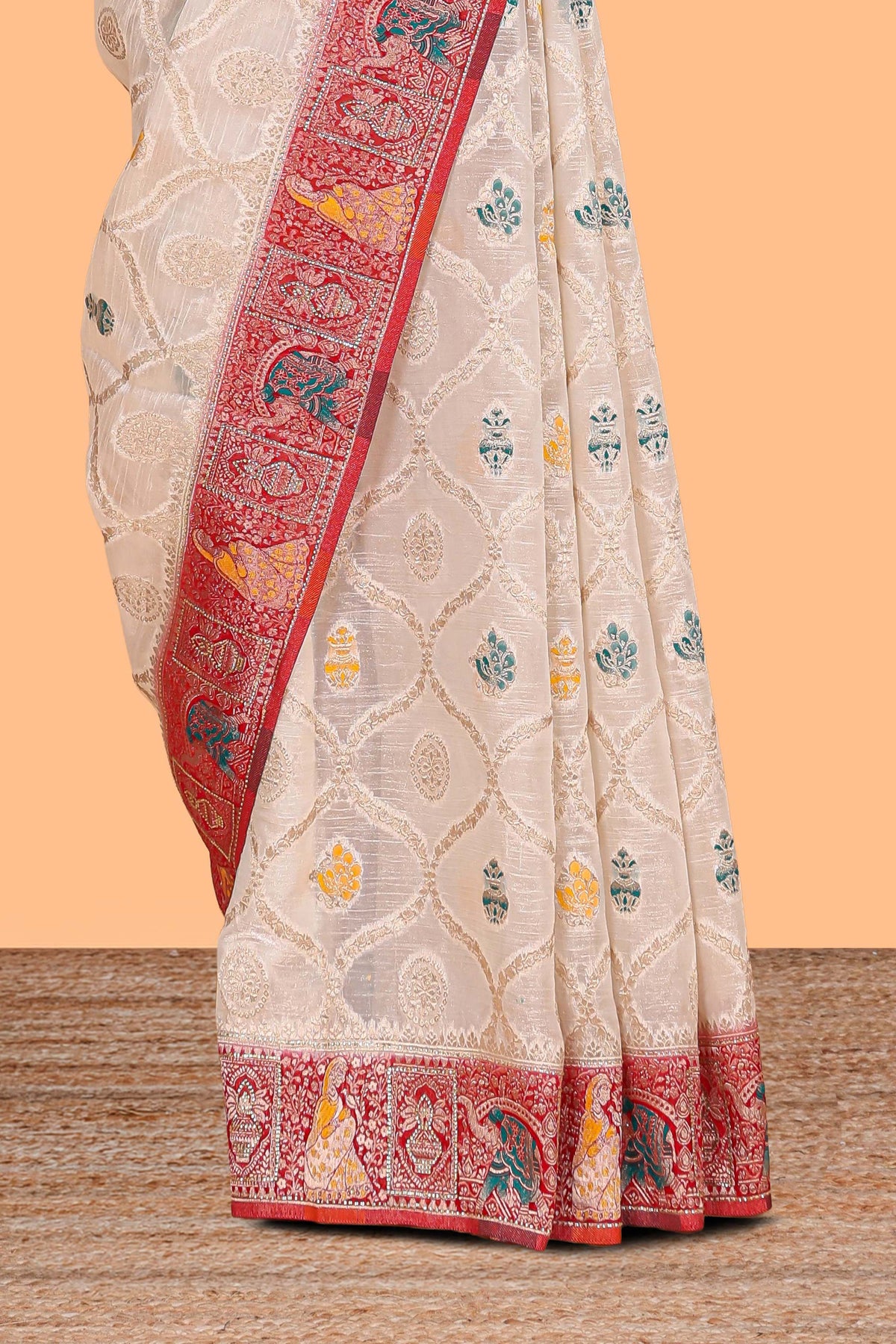 Cream floral design banarasi silk saree with contrast border and floral printed blouse