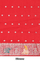 Cream floral design banarasi silk saree with contrast border and floral printed blouse