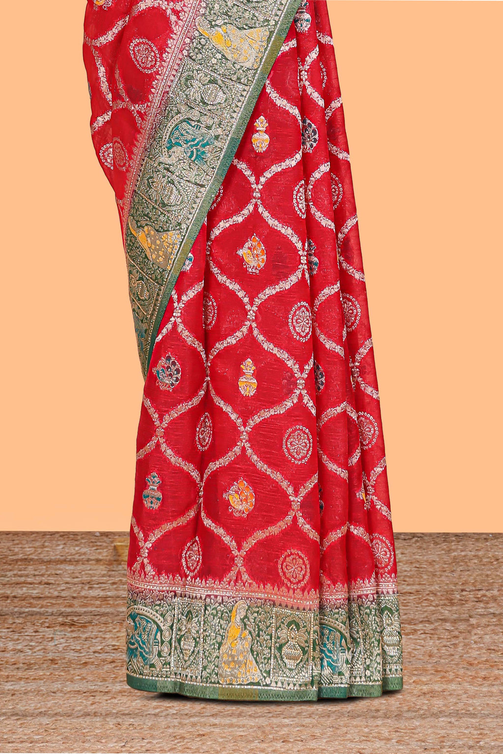 Red floral design banarasi silk saree with contrast border and floral printed blouse