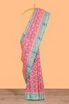 Pink floral design banarasi silk saree with contrast border and floral printed blouse
