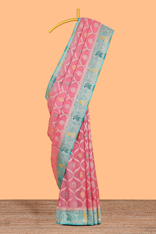 Pink floral design banarasi silk saree with contrast border and floral printed blouse
