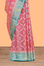 Pink floral design banarasi silk saree with contrast border and floral printed blouse