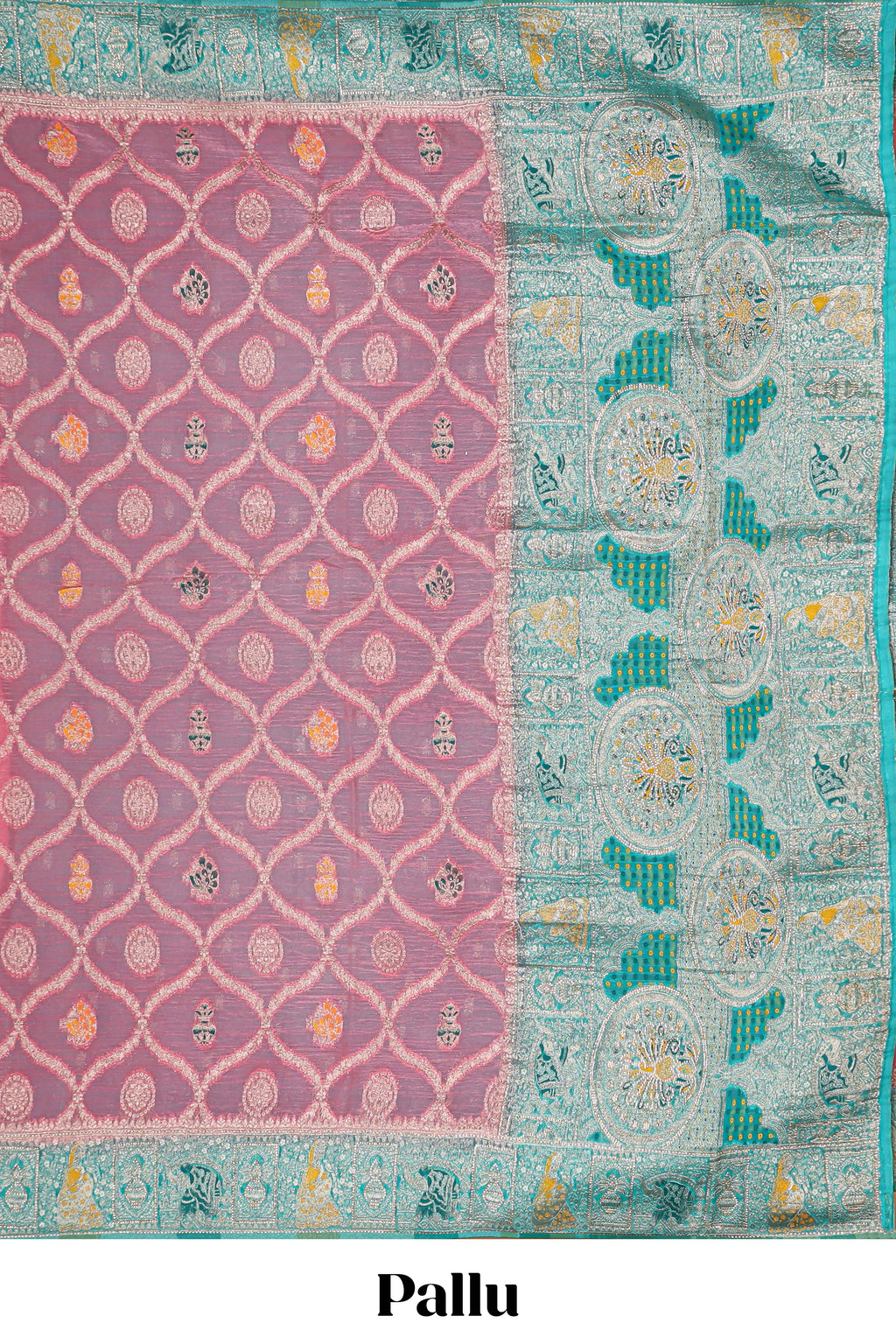 Pink floral design banarasi silk saree with contrast border and floral printed blouse