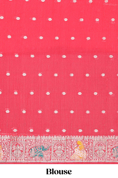 Turquoise blue floral design banarasi silk saree with contrast border and floral printed blouse