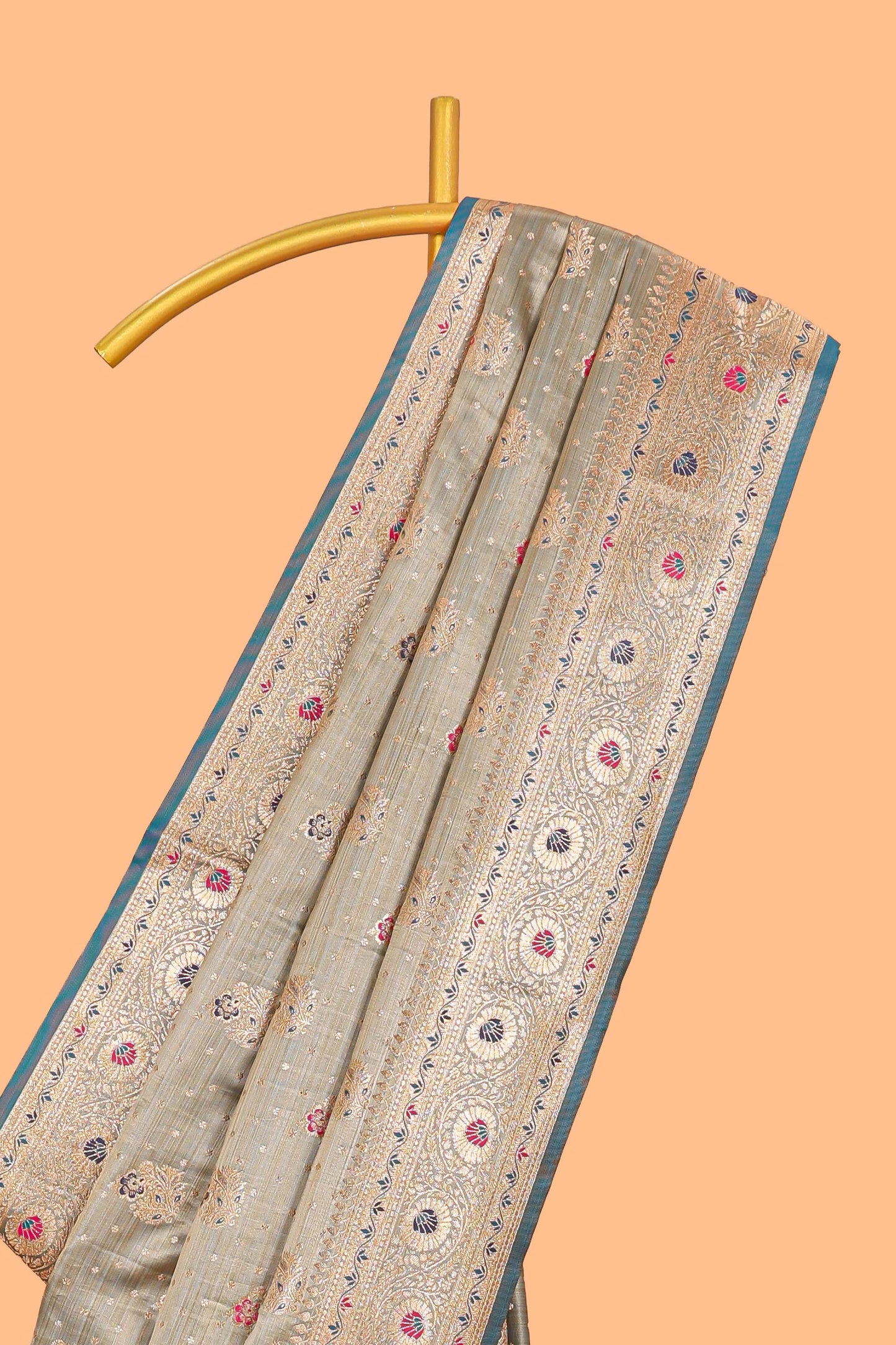 Turquoise blue floral design motifs banarasi silk saree with contrast border and floral printed blouse