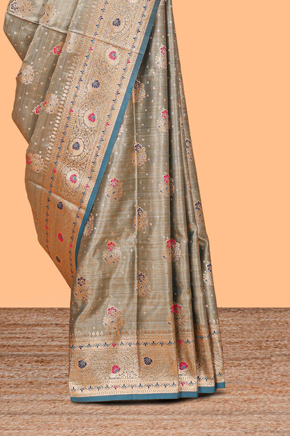 Turquoise blue floral design motifs banarasi silk saree with contrast border and floral printed blouse