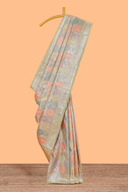 Pastel mint green floral design motifs banarasi silk saree with self border and matching floral printed blouse
