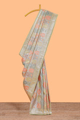 Pastel mint green floral design motifs banarasi silk saree with self border and matching floral printed blouse