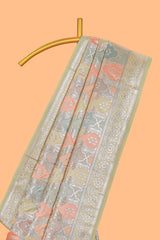 Pastel mint green floral design motifs banarasi silk saree with self border and matching floral printed blouse
