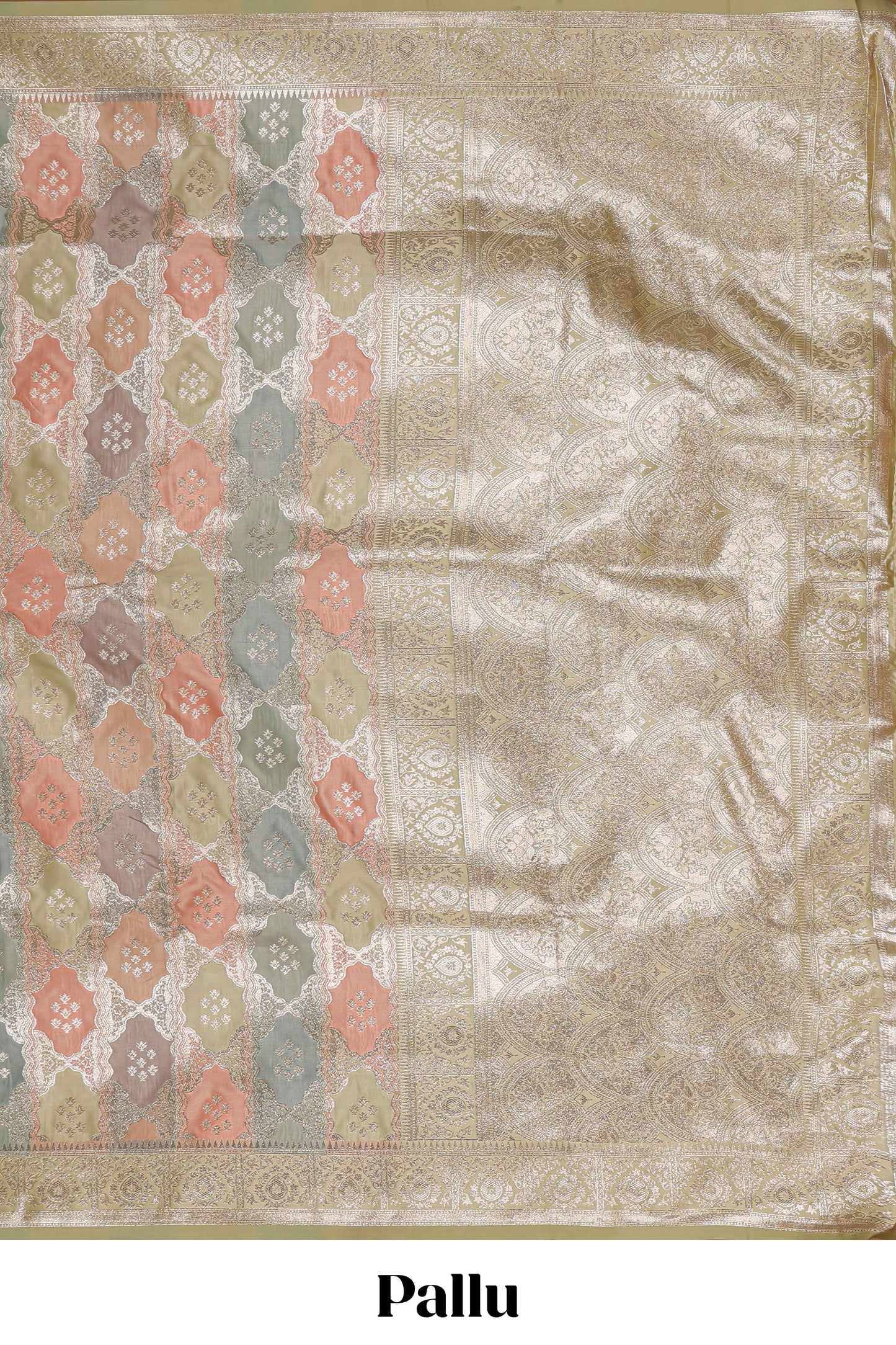 Pastel mint green floral design motifs banarasi silk saree with self border and matching floral printed blouse