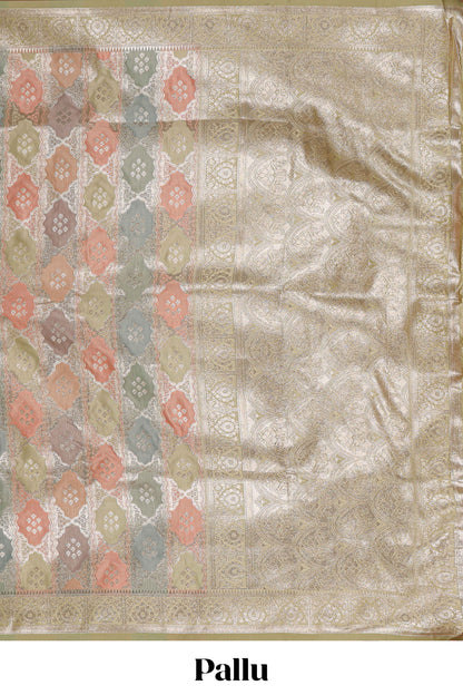 Pastel mint green floral design motifs banarasi silk saree with self border and matching floral printed blouse