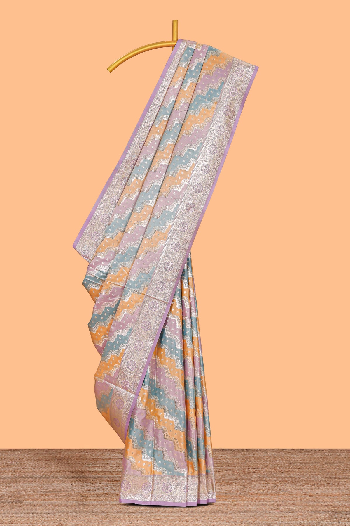 Lavender floral design motifs banarasi silk saree with self border and matching floral printed blouse