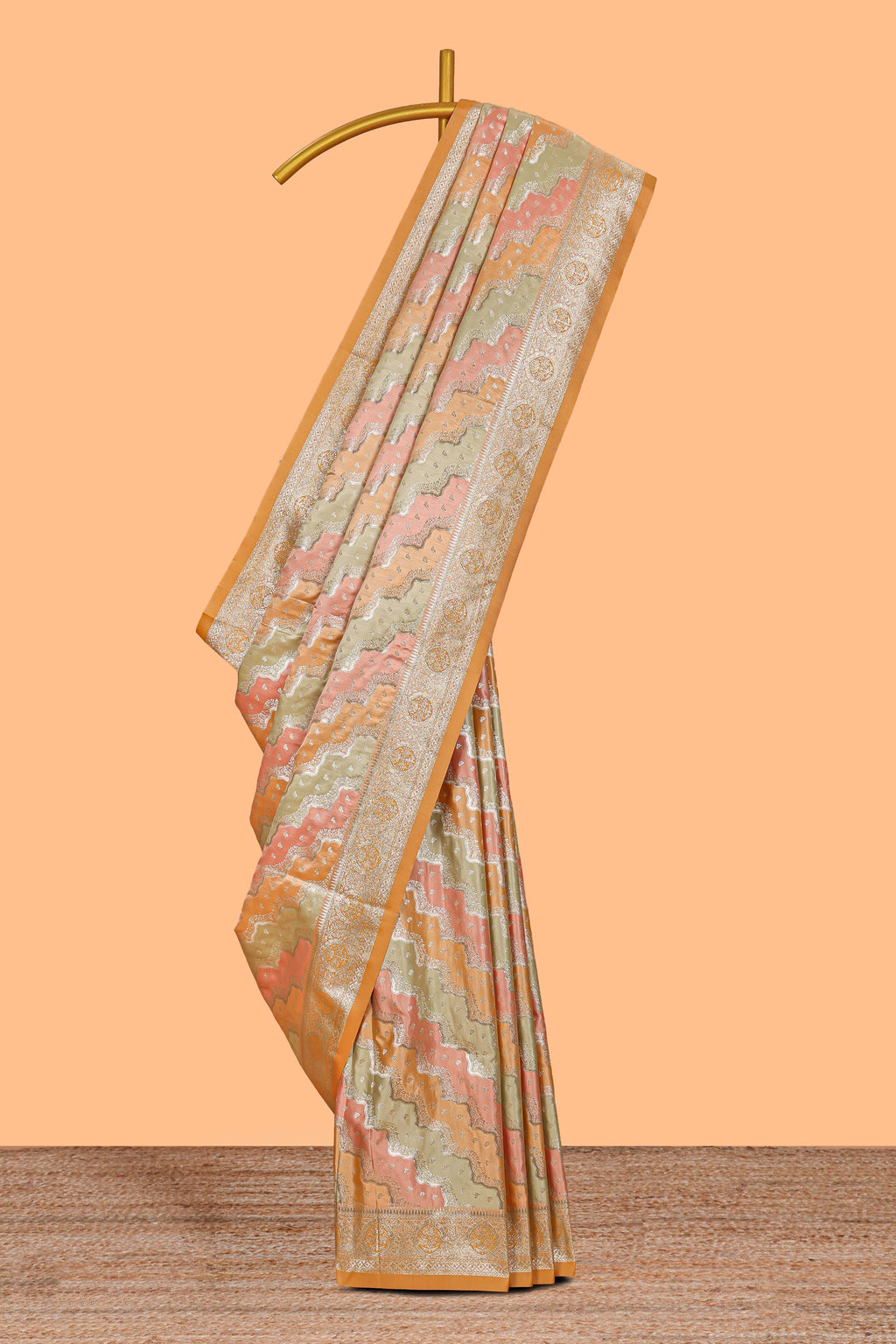 Orange floral design motifs banarasi silk saree with self border and matching floral printed blouse