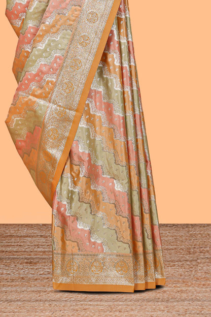 Orange floral design motifs banarasi silk saree with self border and matching floral printed blouse