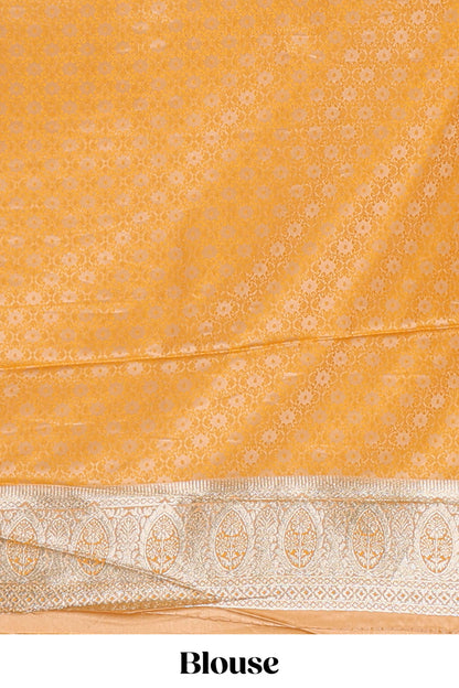 Orange floral design motifs banarasi silk saree with self border and matching floral printed blouse