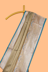 Olive gold floral design banarasi silk saree with contrast border and floral printed blouse