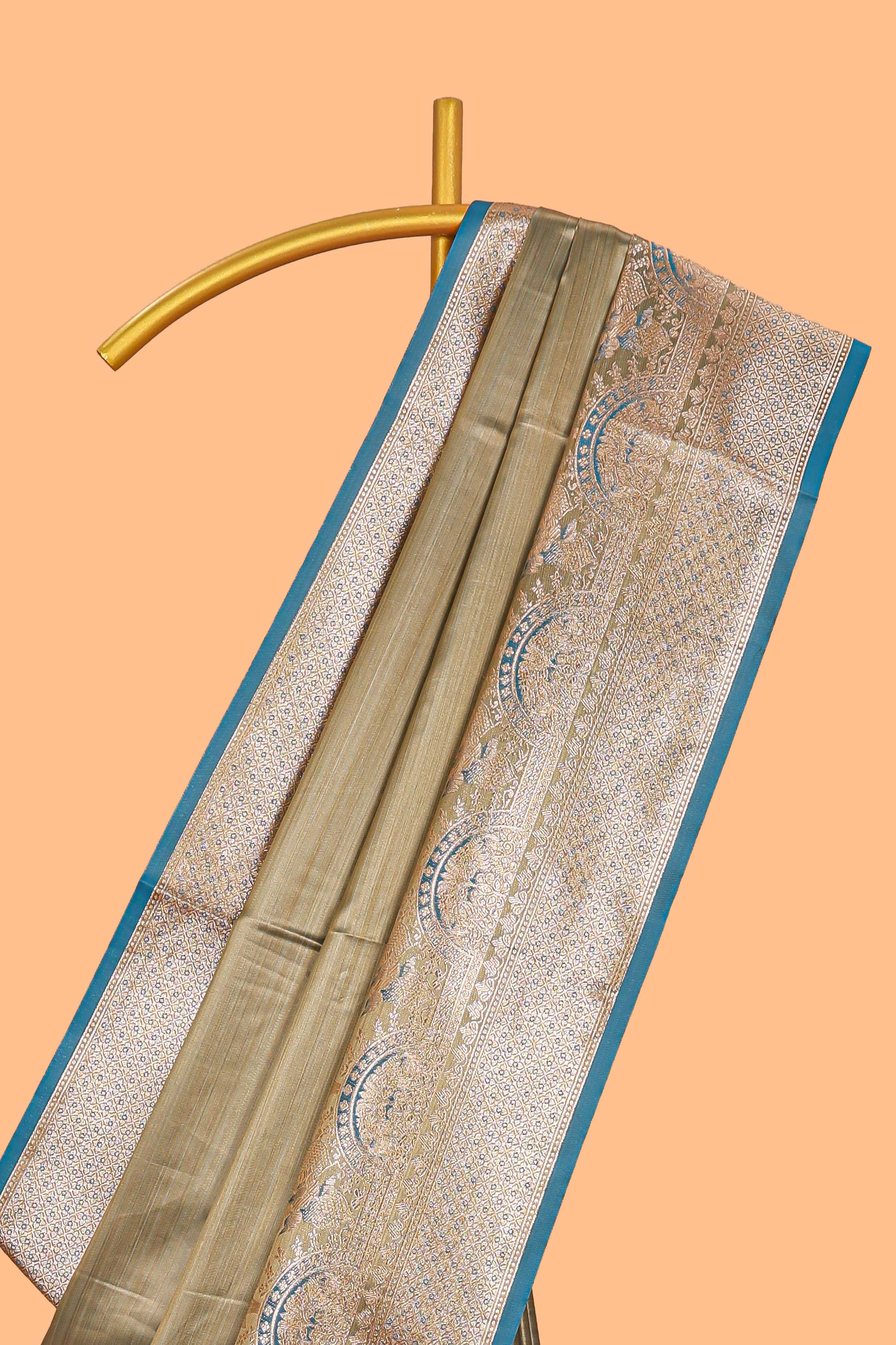 Olive gold floral design banarasi silk saree with contrast border and floral printed blouse