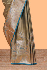 Olive gold floral design banarasi silk saree with contrast border and floral printed blouse