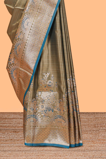 Olive gold floral design banarasi silk saree with contrast border and floral printed blouse