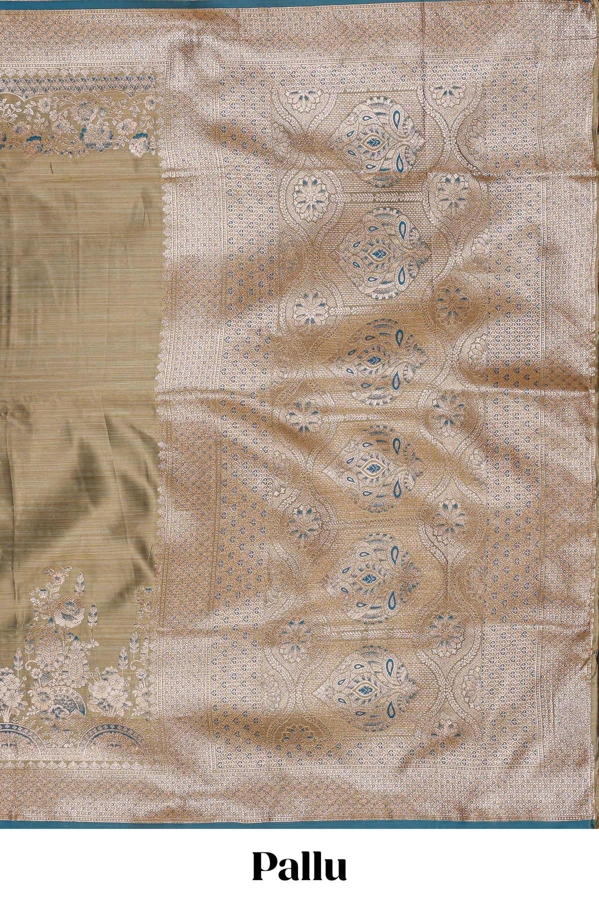 Olive gold floral design banarasi silk saree with contrast border and floral printed blouse