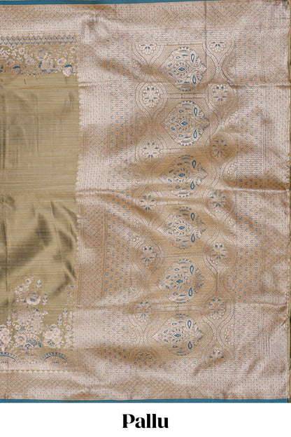 Olive gold floral design banarasi silk saree with contrast border and floral printed blouse