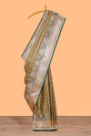 Olive green floral design motifs banarasi silk saree with contrast border and floral printed blouse