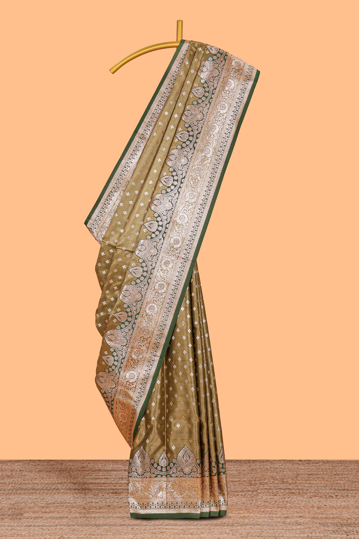 Olive green floral design motifs banarasi silk saree with contrast border and floral printed blouse