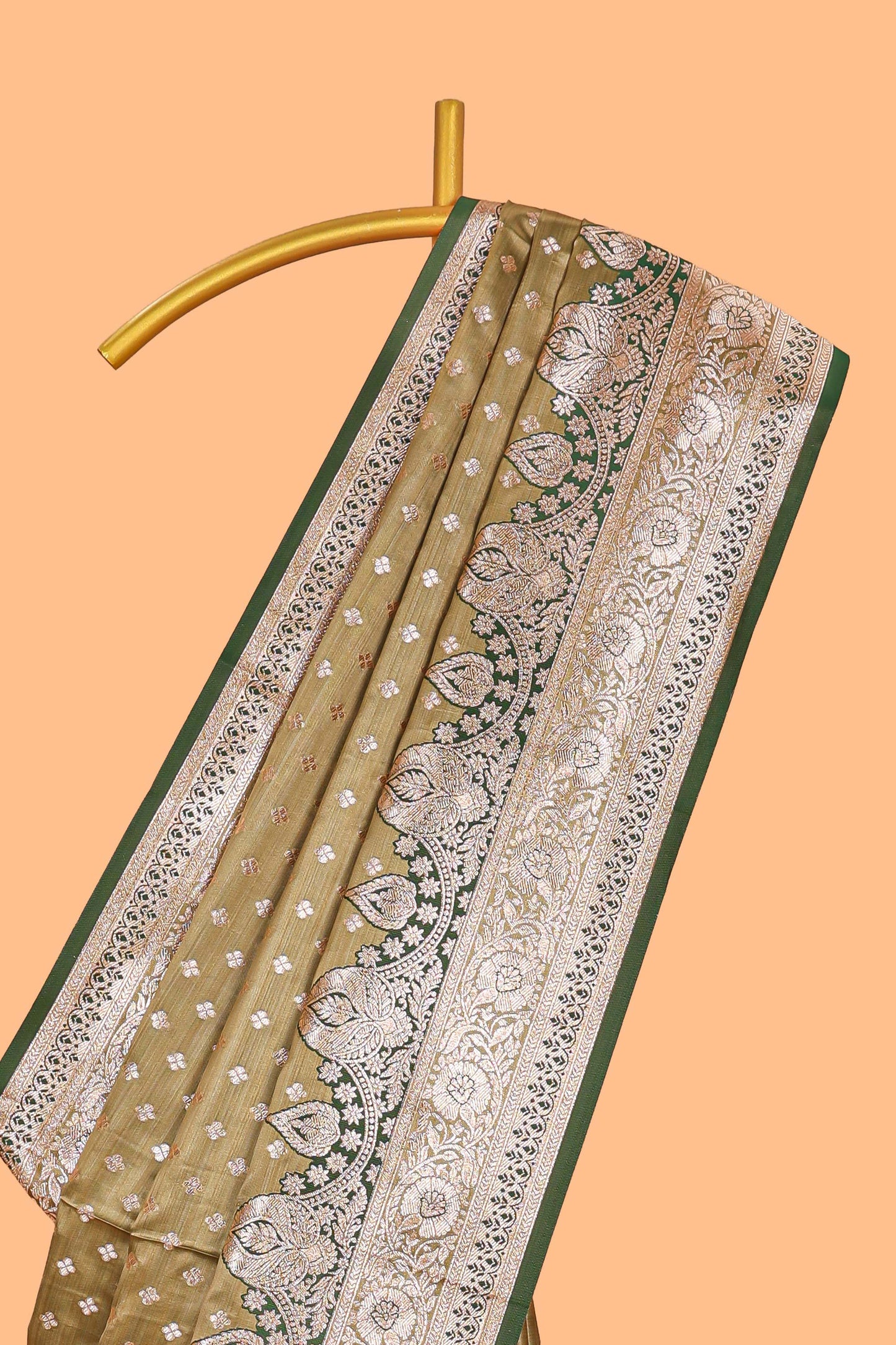 Olive green floral design motifs banarasi silk saree with contrast border and floral printed blouse