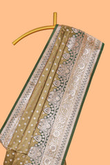 Olive green floral design motifs banarasi silk saree with contrast border and floral printed blouse