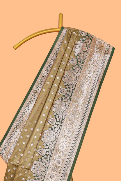 Olive green floral design motifs banarasi silk saree with contrast border and floral printed blouse